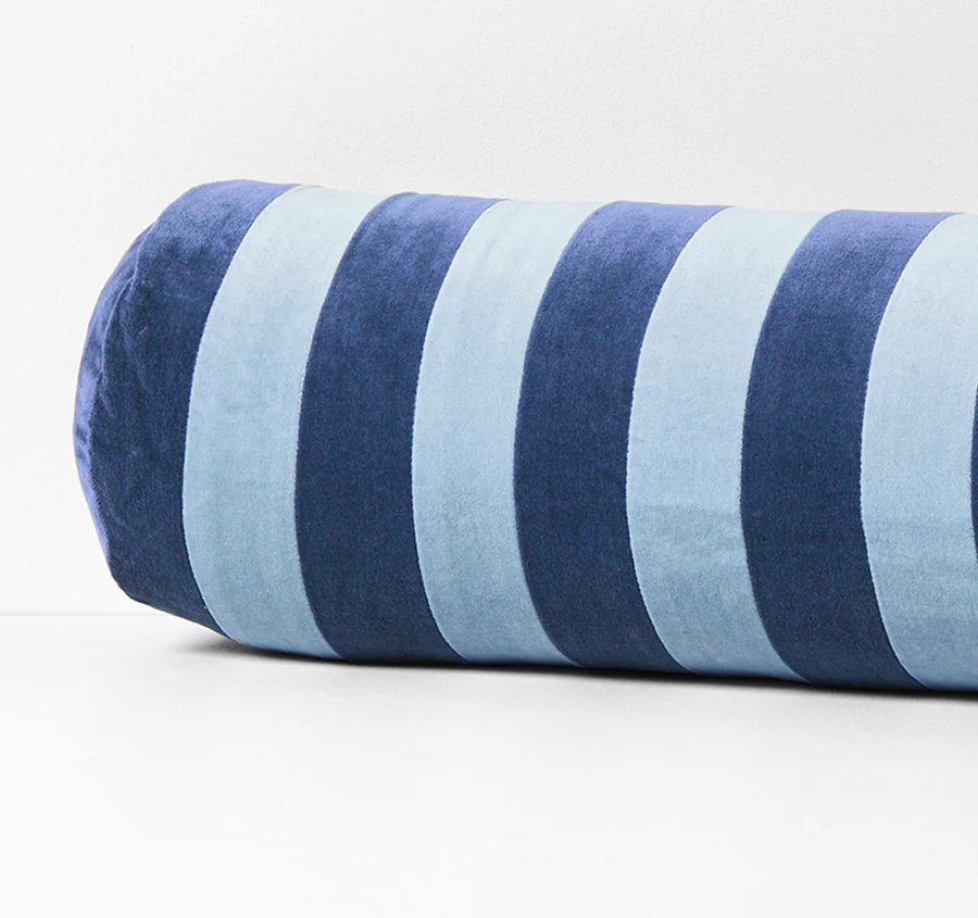 Luxury Velvet Stripe 18x60cm Filled Bolster Royal and Powder Blue - Image 2