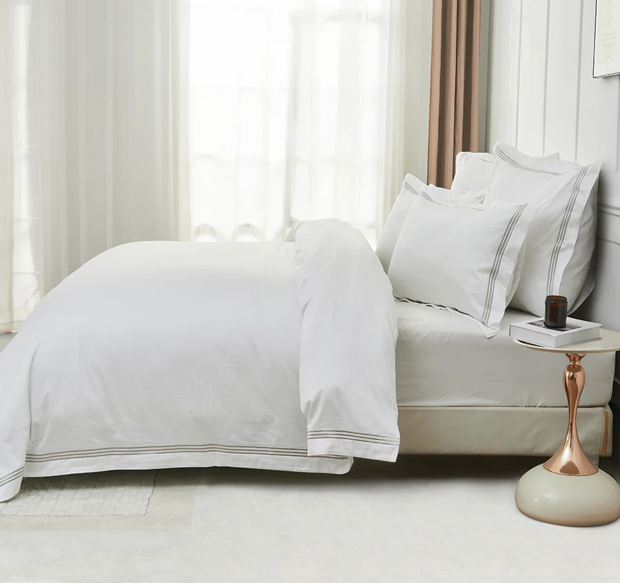 Signature 500TC Embroidered Egyptian Cotton Quilt Cover Set Range Pure White and Warm Taupe - Image 5