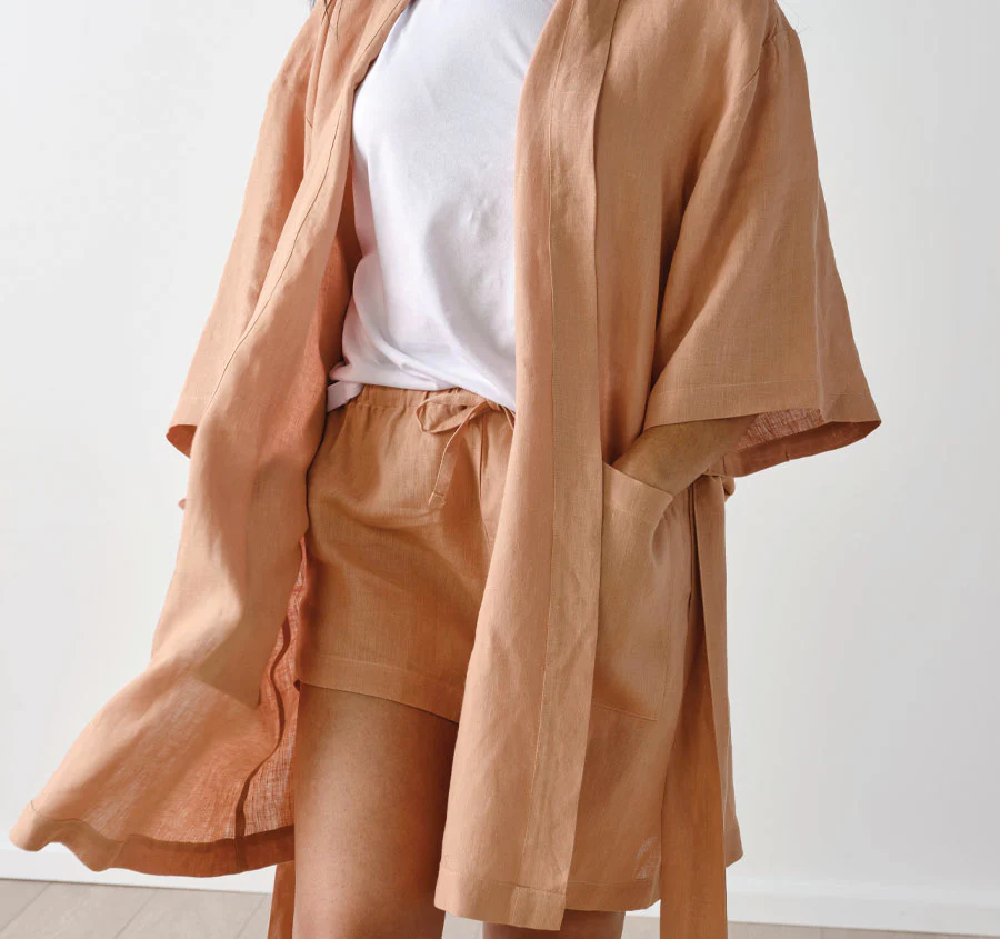 Nimes Linen One Size Short Bathrobe Clay - Image 2